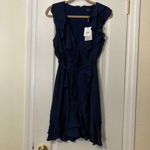 Bardot Navy Satin Faux Wrap Sleeveless Dress w/Belt